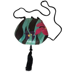 Vintage 80s Rafael Sanchez Snakeskin Applique Raffia Floral Jungle Crossbody Bag